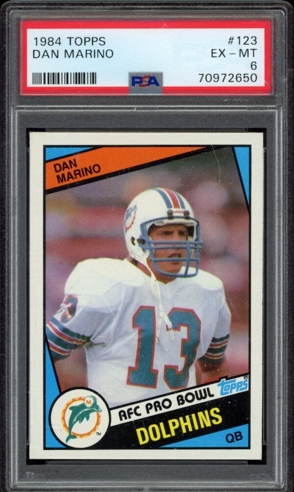 1984 Topps Dan Marino #123 card, Miami Dolphins QB, in PSA 6 condition.