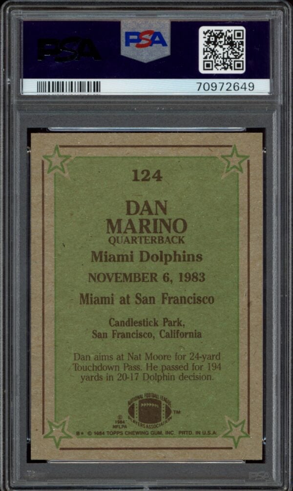 PSA-graded 1984 Topps card featuring Dan Marinos professional debut with the Miami Dolphins.