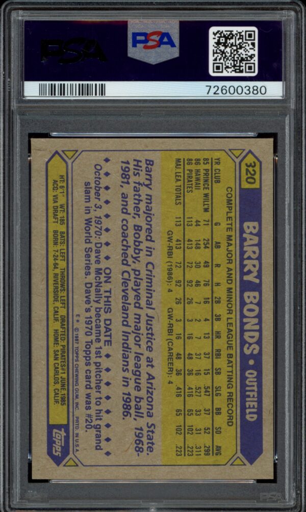 PSA-certified 1987 Topps card displaying stats for baseball player Barry Bonds, encased for protection.