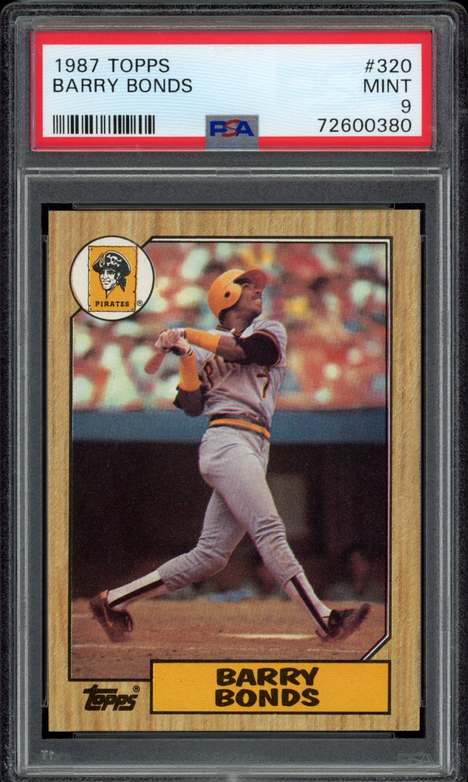 Mint 1987 Topps Barry Bonds #320 baseball card graded PSA 9 in protective case.