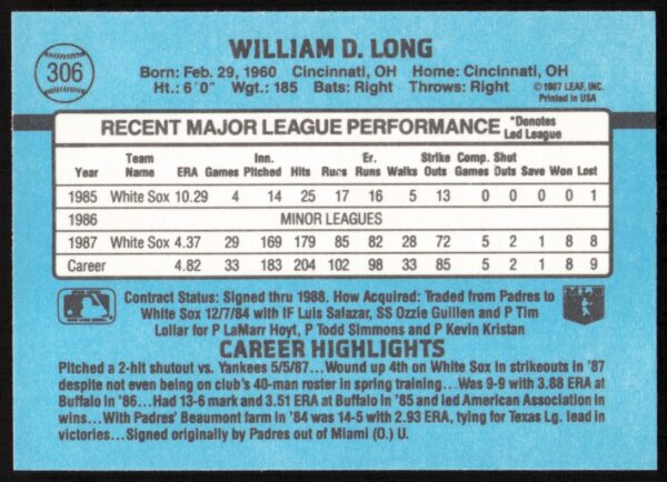 1988 Donruss Bill Long #306 (Back)