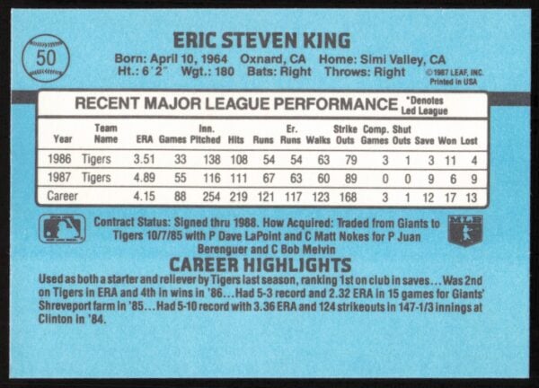 1988 Donruss Eric King #50 (Back)