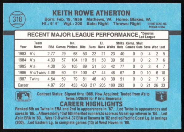 1988 Donruss Keith Atherton #318 (Back)