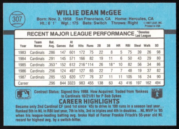 1988 Donruss Willie McGee #307 (Back)