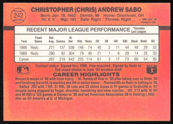 1990 Donruss Chris Sabo #242 (Back)