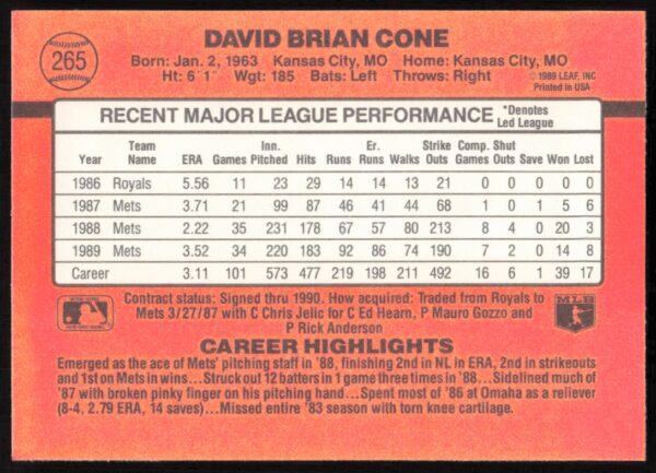 1990 Donruss David Cone #265 (Back)