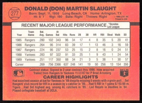 1990 Donruss Don Slaught #277 (Back)