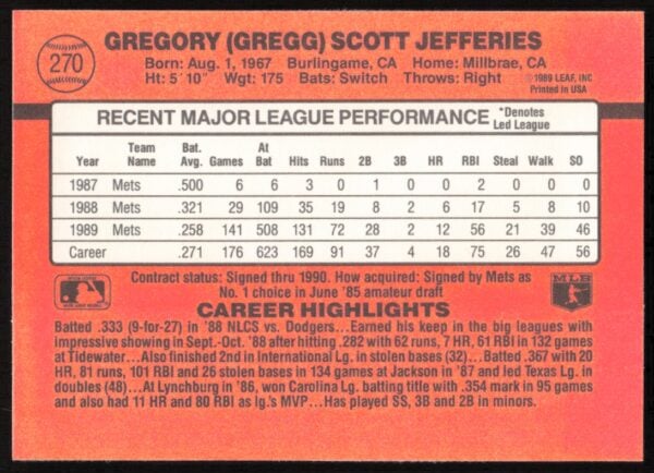 1990 Donruss Gregg Jefferies #270 (Back)