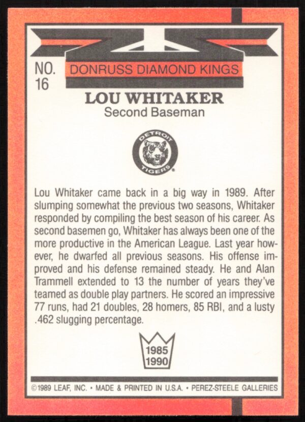 1990 Donruss Lou Whitaker #16 (Back)