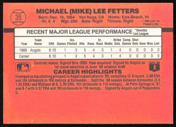 1990 Donruss Mike Fetters #35 (Back)