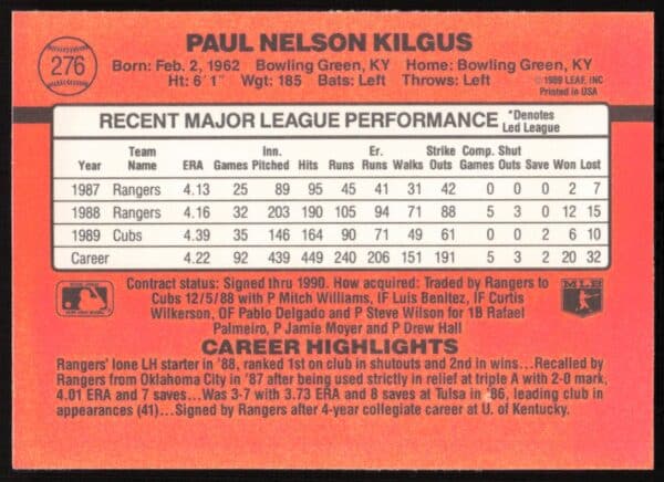 1990 Donruss Paul Kilgus #276 (Back)