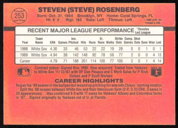 1990 Donruss Steve Rosenberg #253 (Back)