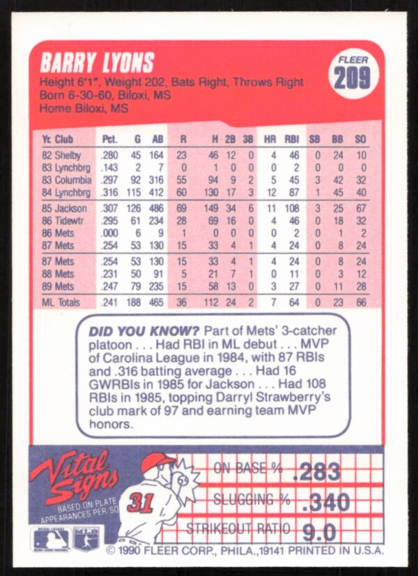 1990 Fleer Barry Lyons #209 (Back)