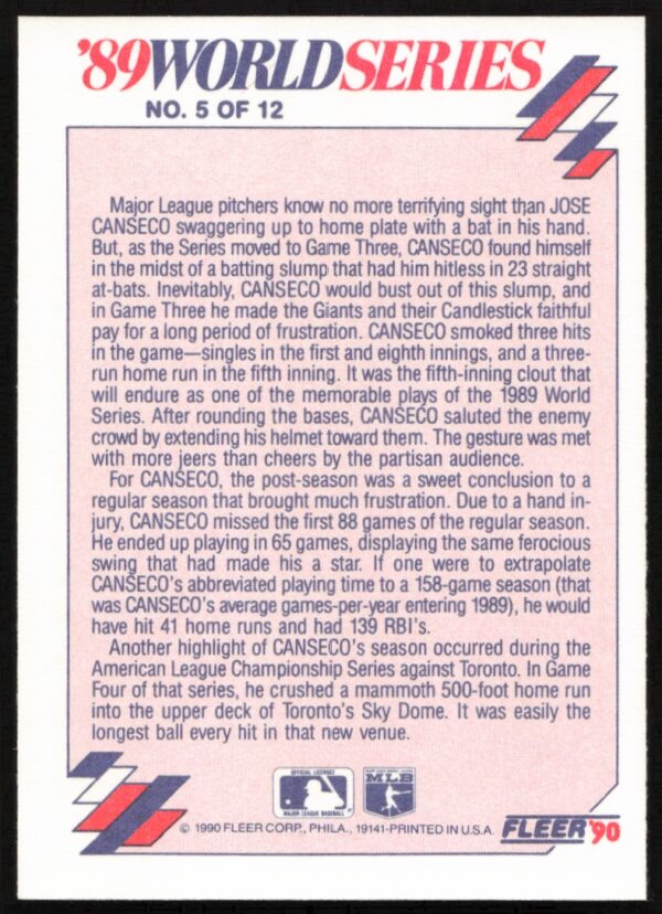 1990 Fleer Canseco Crushed World Series Slump World Series #5 (Back)