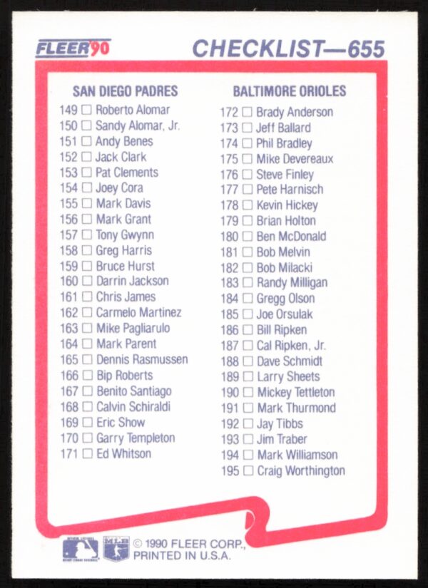 1990 Fleer Checklist #655 (Back)