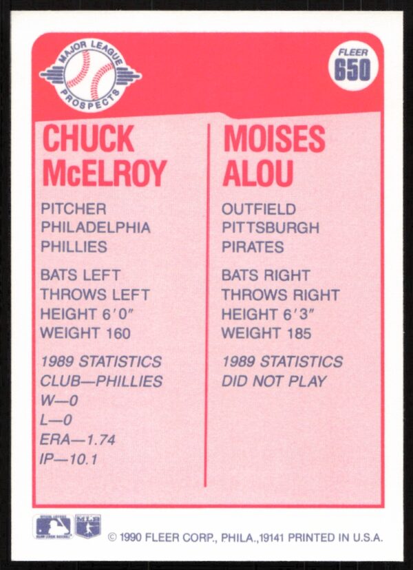 1990 Fleer Chuck McElroy / Moises Alou #650 (Back)