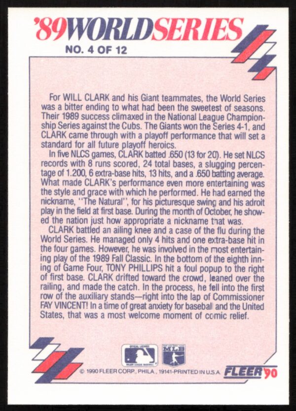 1990 Fleer Clark Powers the Giants Into the Series World Series #4 (Back)