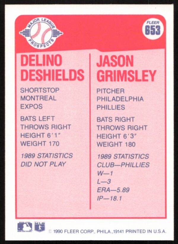 1990 Fleer Delino DeShields / Jason Grimsley #653 (Back)