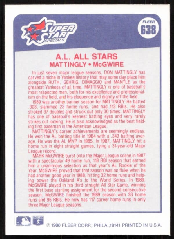 1990 Fleer Don Mattingly / Mark McGwire #638 (Back)