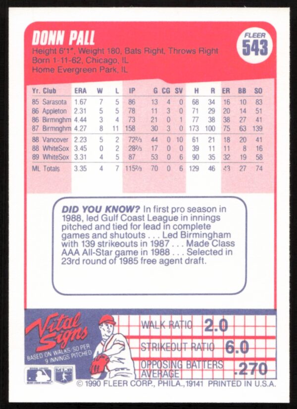 1990 Fleer Donn Pall #543 (Back)