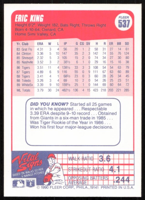 1990 Fleer Eric King #537 (Back)