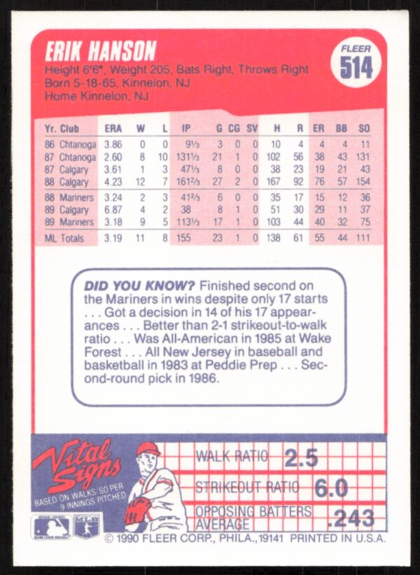 1990 Fleer Erik Hanson #514 (Back)