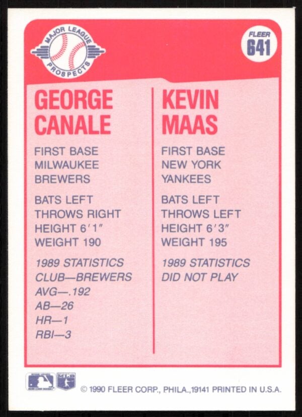 1990 Fleer George Canale / Kevin Maas #641 (Back)