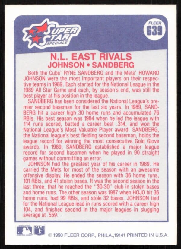 1990 Fleer Howard Johnson / Ryne Sandberg #639 (Back)