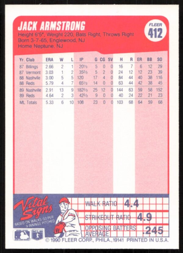 1990 Fleer Jack Armstrong #412 (Back)