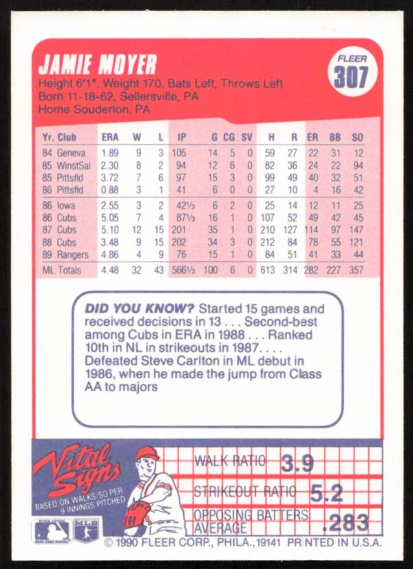 1990 Fleer Jamie Moyer #307 (Back)