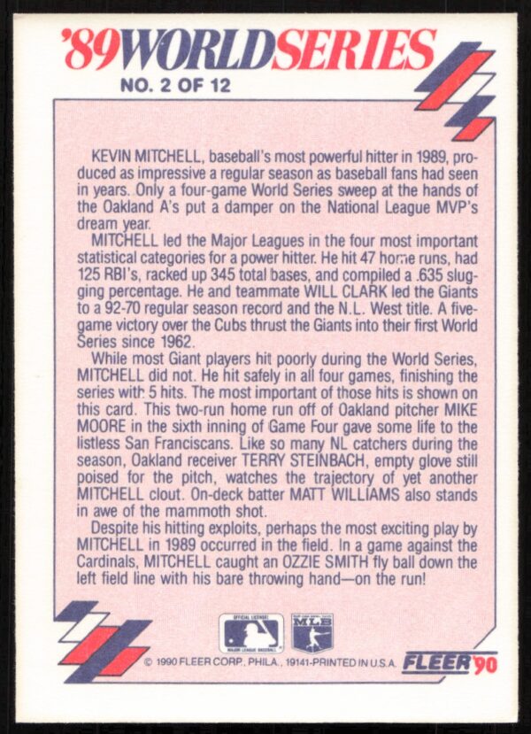 1990 Fleer Kevin Mitchell - The National League MVP World Series #2 (Back)