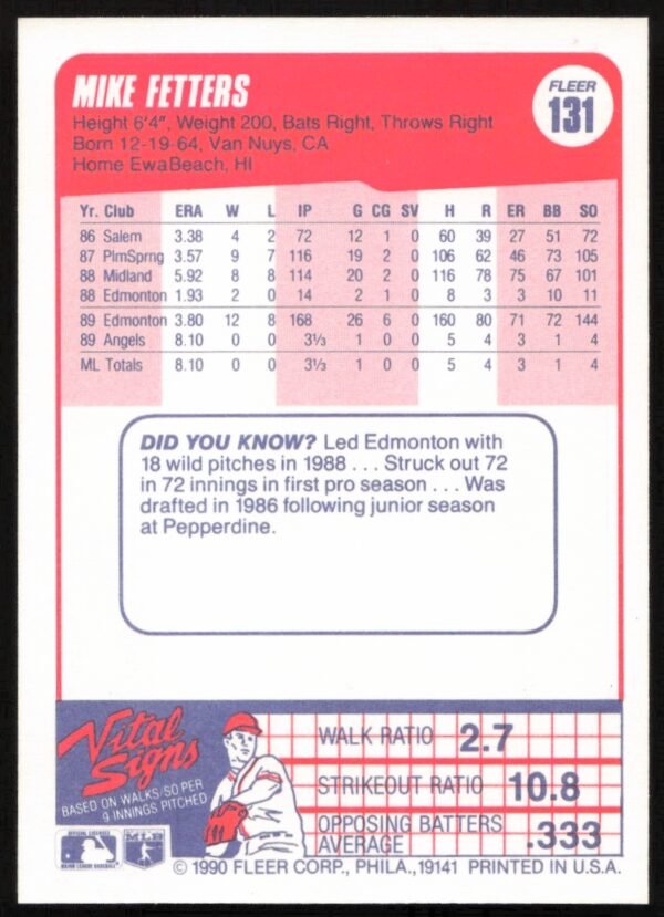 1990 Fleer Mike Fetters #131 (Back)