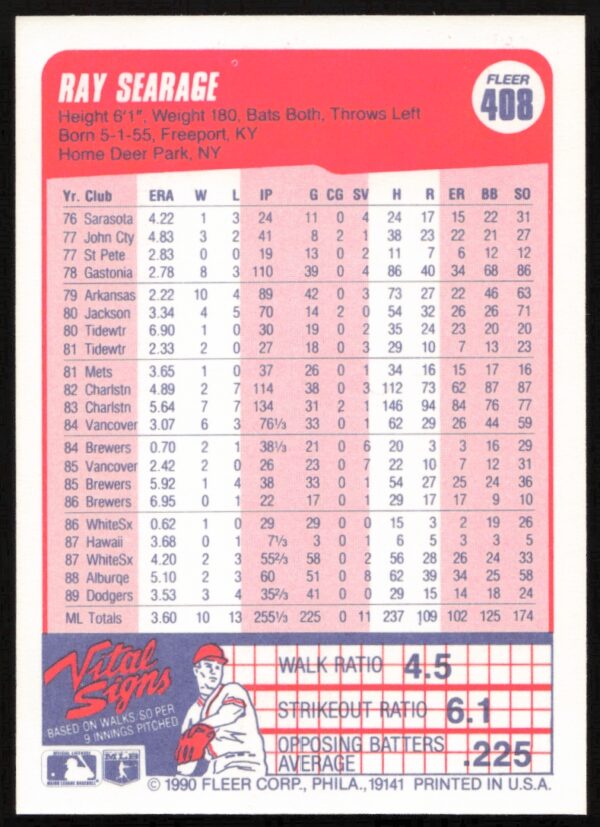 1990 Fleer Ray Searage #408 (Back)