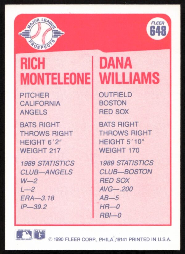 1990 Fleer Rich Monteleone / Dana Williams #648 (Back)