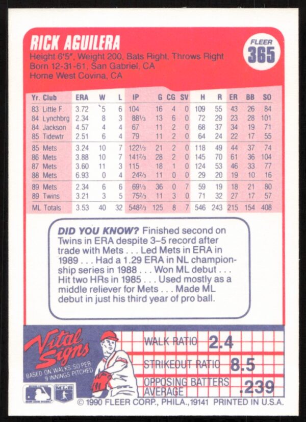 1990 Fleer Rick Aguilera #365 (Back)