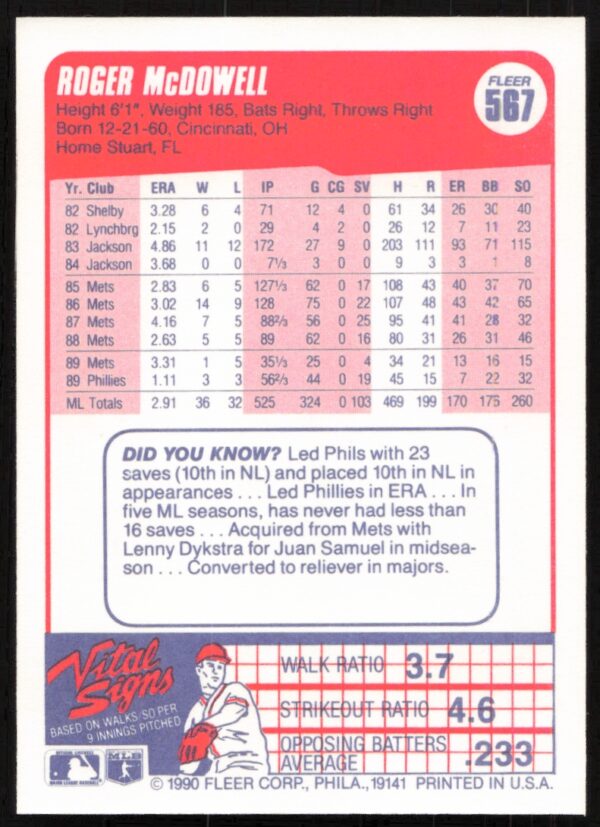 1990 Fleer Roger McDowell #567 (Back)