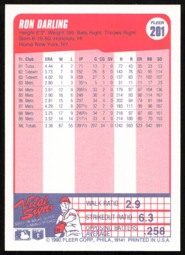 1990 Fleer Ron Darling #201 (Back)