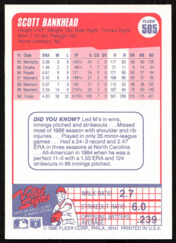 1990 Fleer Scott Bankhead #505 (Back)