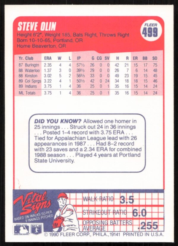 1990 Fleer Steve Olin #499 (Back)