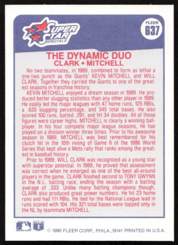 1990 Fleer Will Clark / Kevin Mitchell #637 (Back)