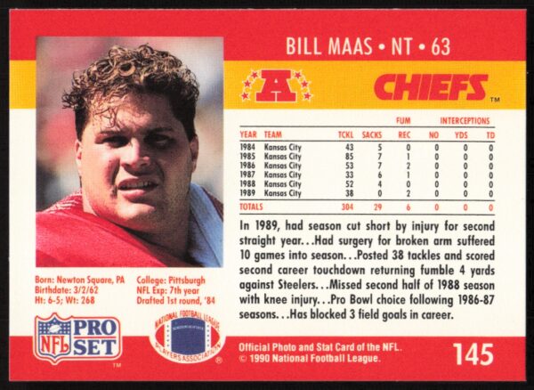 1990 Pro Set Bill Maas #145 (Back)