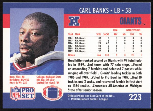 1990 Pro Set Carl Banks #223 (Back)