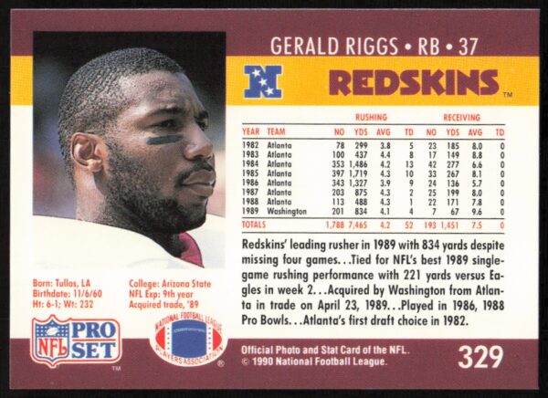 1990 Pro Set Gerald Riggs #329 (Back)