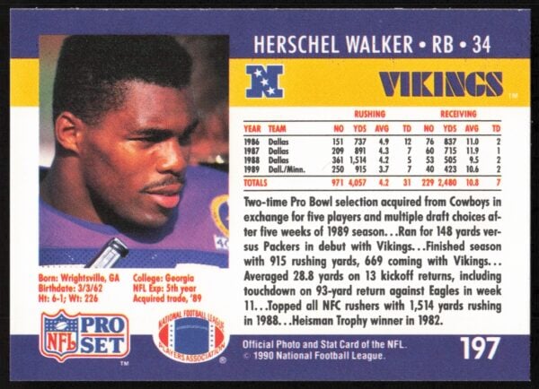 1990 Pro Set Herschel Walker #197 (Back)