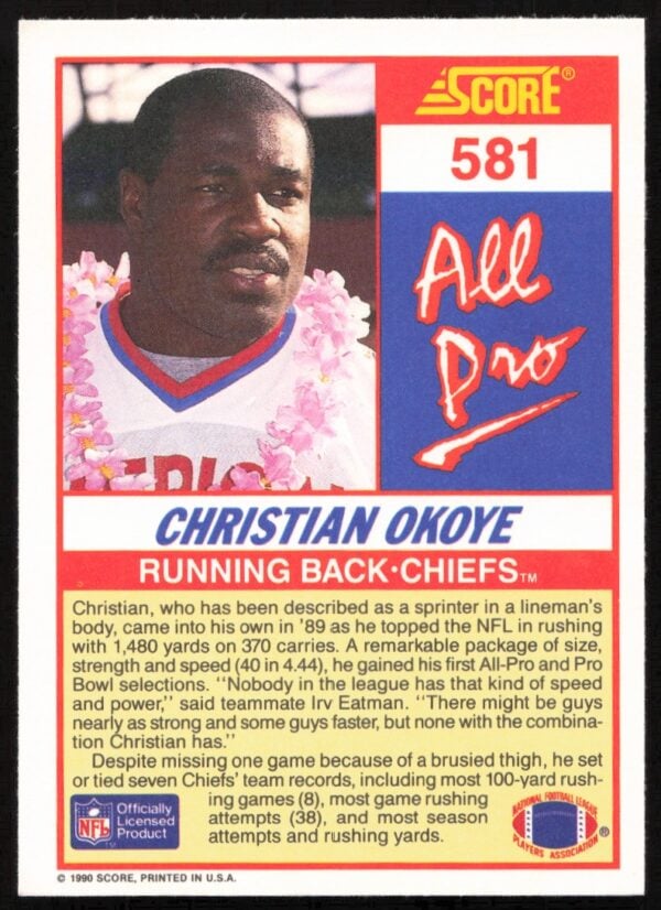 1990 Score Christian Okoye #581 (Back)