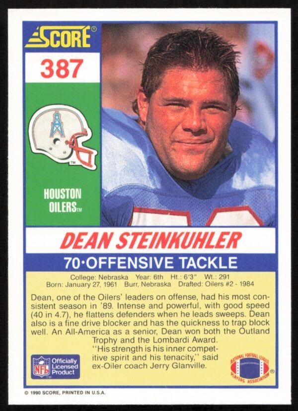 1990 Score Dean Steinkuhler #387 (Back)