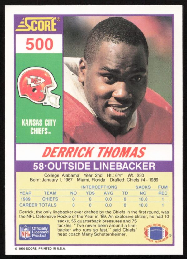 1990 Score Derrick Thomas #500 (Back)