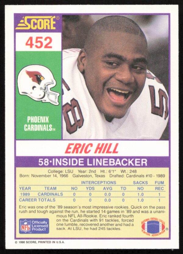 1990 Score Eric Hill #452 (Back)