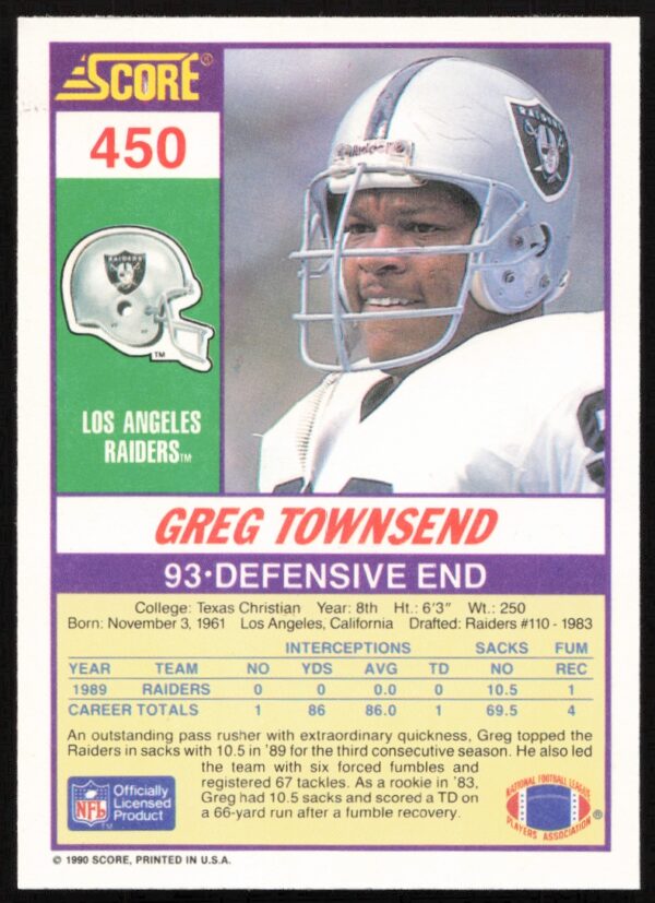 1990 Score Greg Townsend #450 (Back)