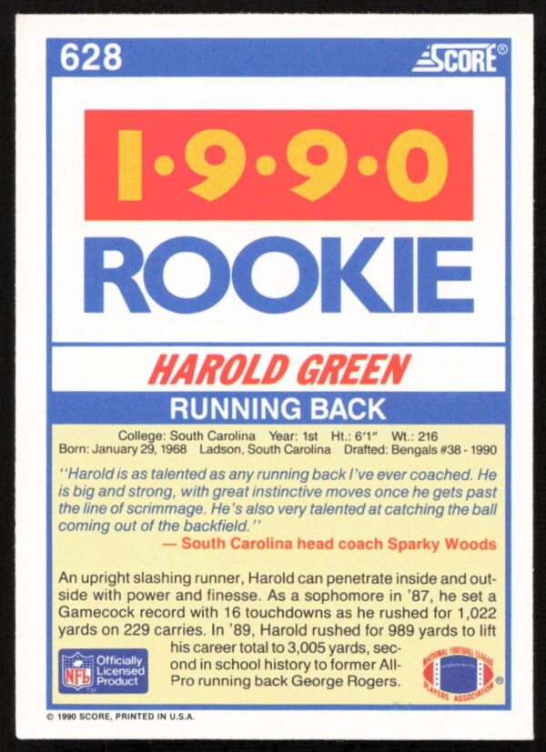 1990 Score Harold Green #628 (Back)